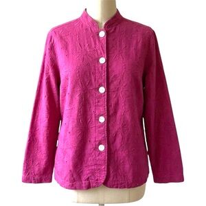 Chico’s Linen Blend Pink Eyelet Embroidered Button Front Jacket Top Size Large